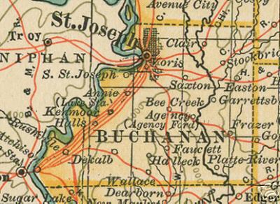 Early map of Buchanan County, Missouri including St. Joseph, DeKalb, Clair, Easton, Faucett, Rushville, Agency